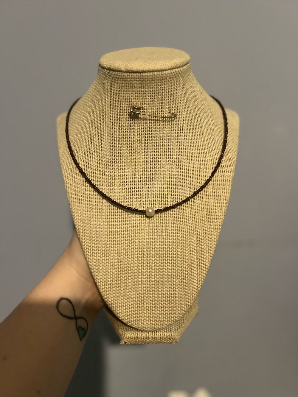 Handmade Brown Beaded Choker Style Necklace with Single Freshwater Pearl